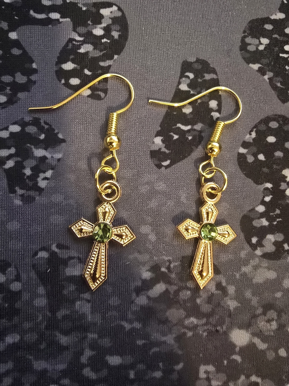 Gold Cross Drop Earrings with Green Gemstone